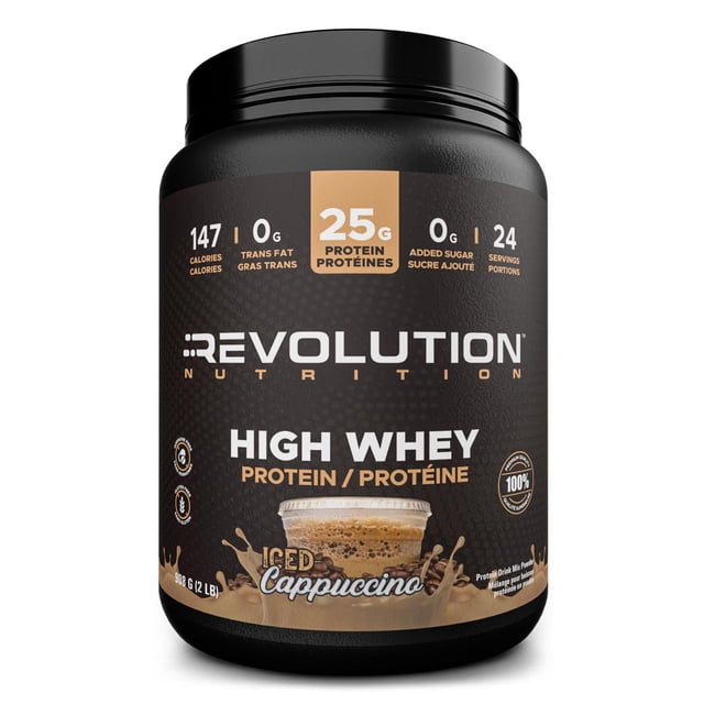 Revolution Nutrition, High Whey, Poudre de Protéines 2LB, Isolat de Lactosérum, 25 g de Protéines par Dosette, 908 g, 24 Portions, Sans Gluten, Masse Musculaire Maigre pour Hommes et Femmes, Cappuccino Glacé (2 Livres)