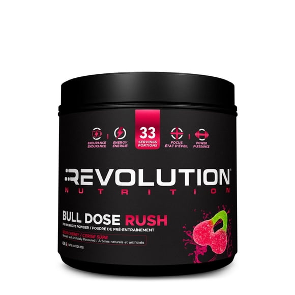Revolution Nutrition, Bull Dose Rush, Poudre Pré-Workout, Citrulline Malate, Aide à Améliorer la Concentration, Pour Hommes et Femmes, Favorise les Pompes et la Force, 438 g, Cerise Aigre (33 Portions)