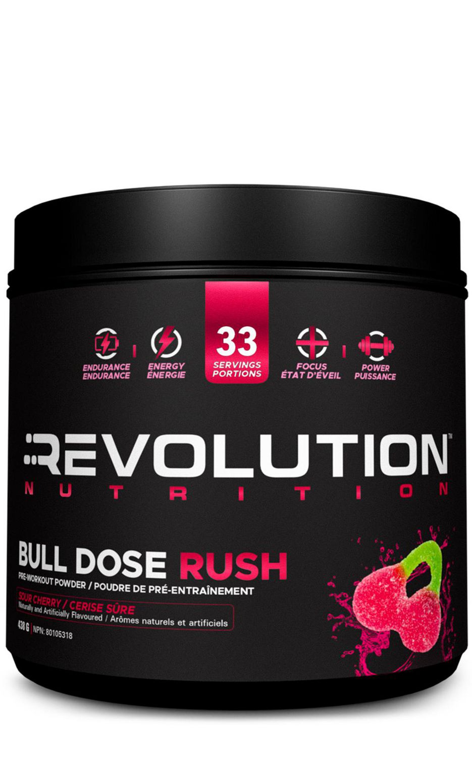 Revolution Nutrition, Bull Dose Rush, Pre Workout Powder, Citrulline Malate, Helps Improve Focus, For Men & Women, Supports Pumps & Strength, 438g, Sour Cherry (33 Servings)