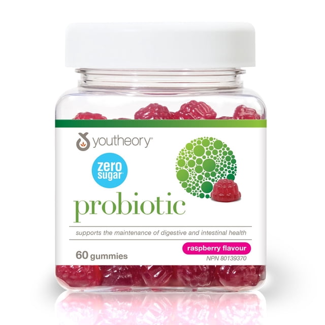 Youtheory Probiotic Gummies Zero Sugar, 1 Billion CFU, Raspberry Flavour, 60 Count