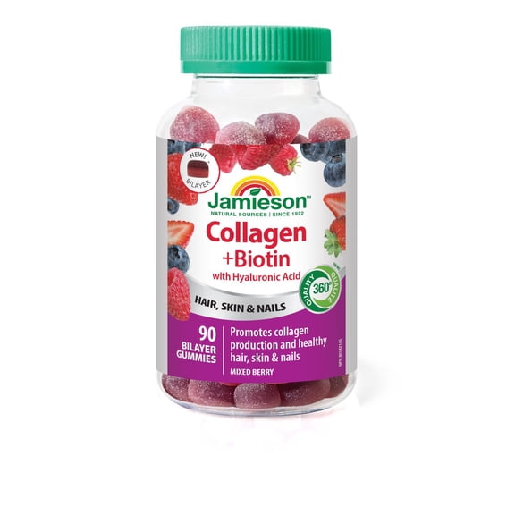 Jamieson Collagen + Biotin with Hyaluronic Acid Bilayer Gummy, Mixed Berry Flavour, 90 Count