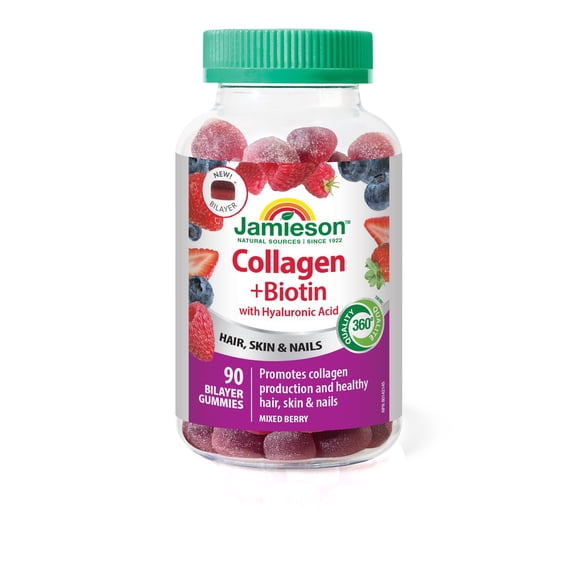 Jamieson Collagen + Biotin with Hyaluronic Acid Bilayer Gummy, Mixed Berry Flavour, 90 Count