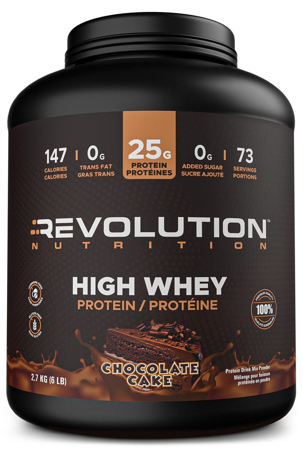 Revolution Nutrition, High Whey, Protein Powder 6LB, Whey Isolate, 25g of Protein Per Scoop, 2700 g, 73 Servings, Gluten Free, Lean Muscle Mass For Men & Women, Chocolate Cake (6 Pounds)