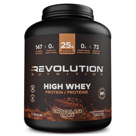 Revolution Nutrition, High Whey, Protein Powder 6LB, Whey Isolate, 25g of Protein Per Scoop, 2700 g, 73 Servings, Gluten Free, Lean Muscle Mass For Men & Women, Chocolate Cake (6 Pounds)
