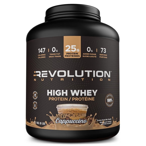 Revolution Nutrition, High Whey, Protein Powder 6LB, Whey Isolate, 25g of Protein Per Scoop, 2700 g, 73 Servings, Gluten Free, Lean Muscle Mass For Men & Women, Iced Cappuccino (6 Pounds)