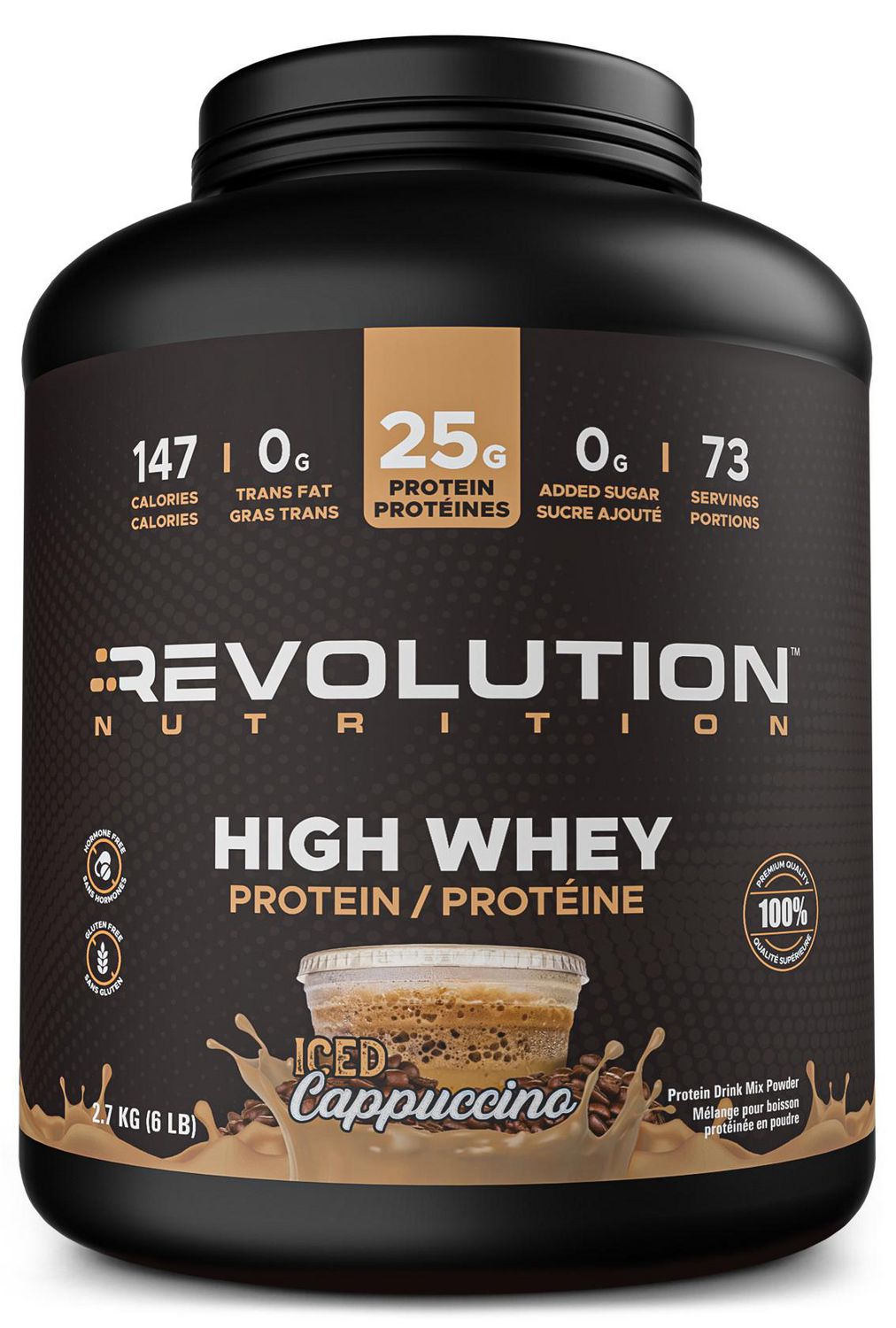 Revolution Nutrition, High Whey, Protein Powder 6LB, Whey Isolate, 25g of Protein Per Scoop, 2700 g, 73 Servings, Gluten Free, Lean Muscle Mass For Men & Women, Iced Cappuccino (6 Pounds)