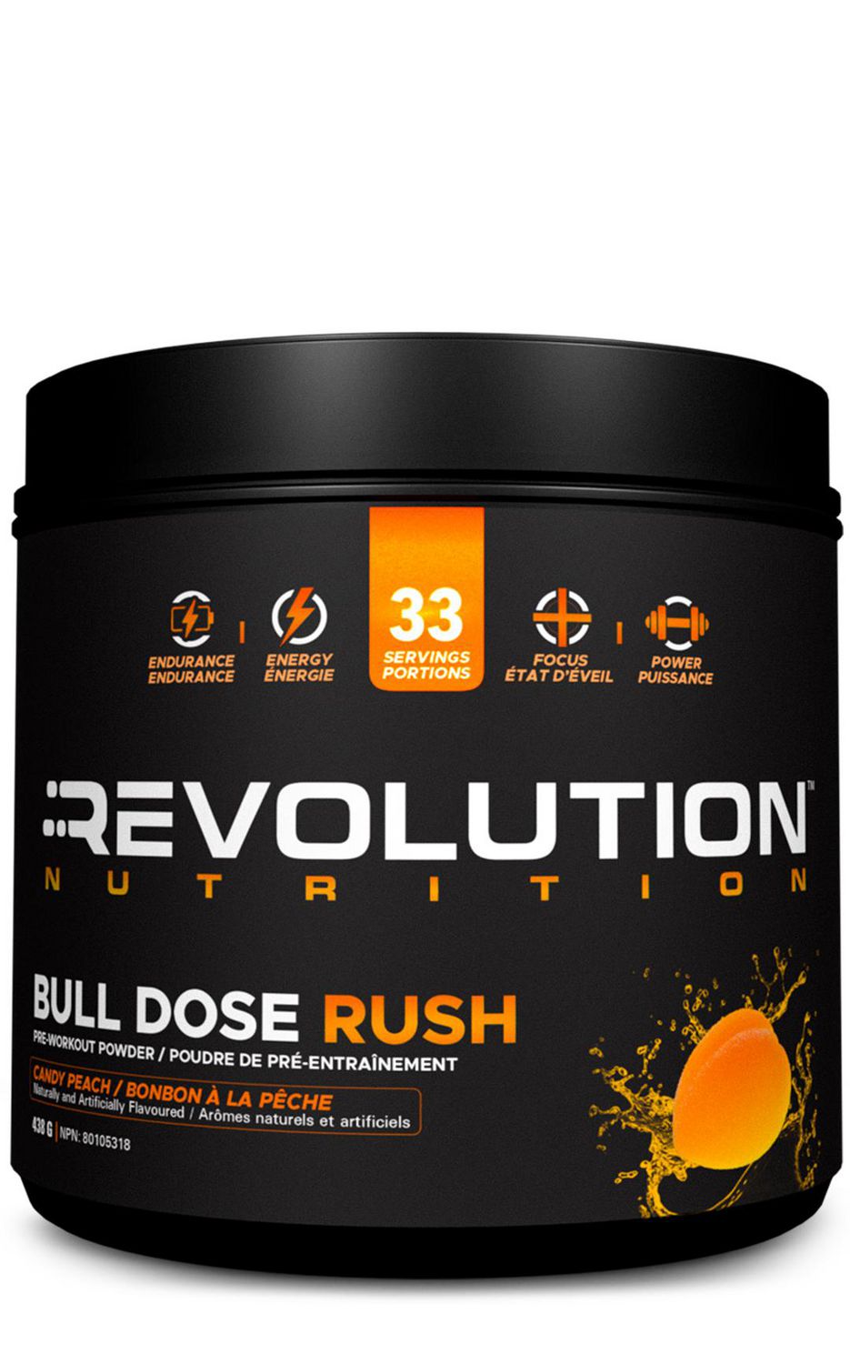 Revolution Nutrition, Bull Dose Rush, Poudre Pré-Workout, Citrulline Malate, Aide à Améliorer la Concentration, Pour Hommes et Femmes, Favorise les Pompes et la Force, 438 g, Pêche Candy (33 Portions)