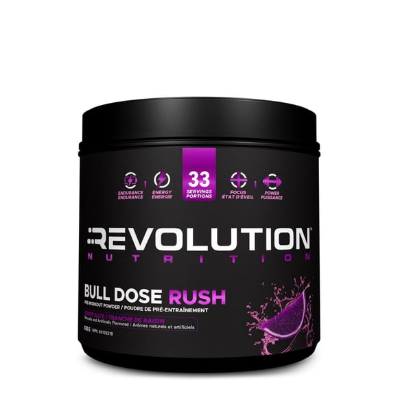 Revolution Nutrition, Bull Dose Rush, Poudre Pré-Workout, Citrulline Malate, Aide à Améliorer la Concentration, Pour Hommes et Femmes, Favorise les Pompes et la Force, 438 g, Tranche de Raisin (33 Portions)