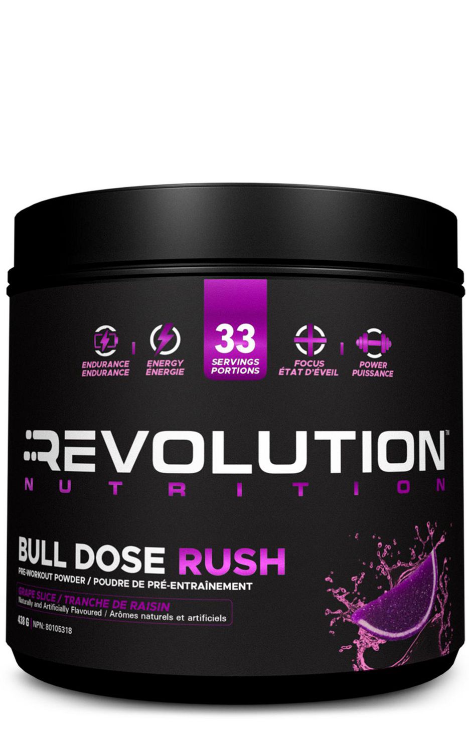 Revolution Nutrition, Bull Dose Rush, Poudre Pré-Workout, Citrulline Malate, Aide à Améliorer la Concentration, Pour Hommes et Femmes, Favorise les Pompes et la Force, 438 g, Tranche de Raisin (33 Portions)