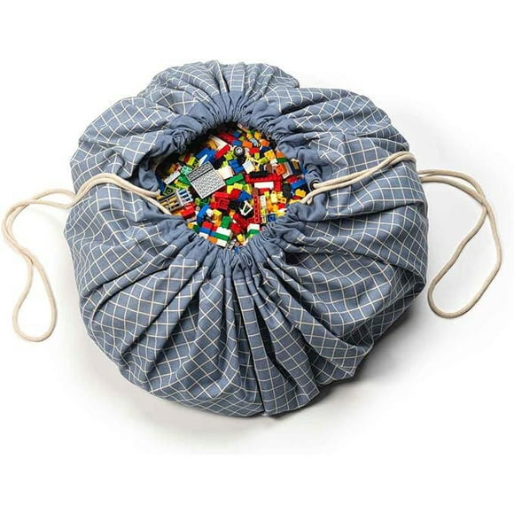 Play & Go - Timeless Blue Grid Pattern - 3-in-1 Play Mat - Storage Bag & Diaper Bag - Made from Organic Cotton - Easy Cleanup and Toy Storage - 120 cm Diameter - Suitable for Newborn to Toddler - Easy to Carry Everywhere