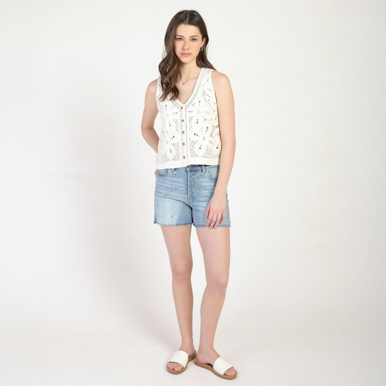 Bloom Girl, Frayed Hem Embroidered Denim Shorts, Sizes XS-XL