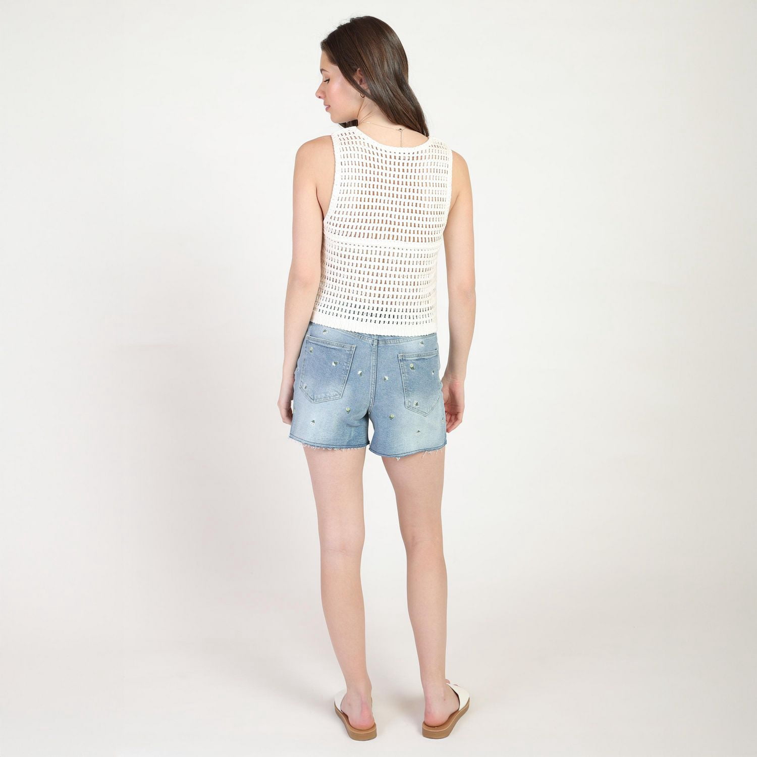 Bloom Girl, Frayed Hem Embroidered Denim Shorts, Sizes XS-XL
