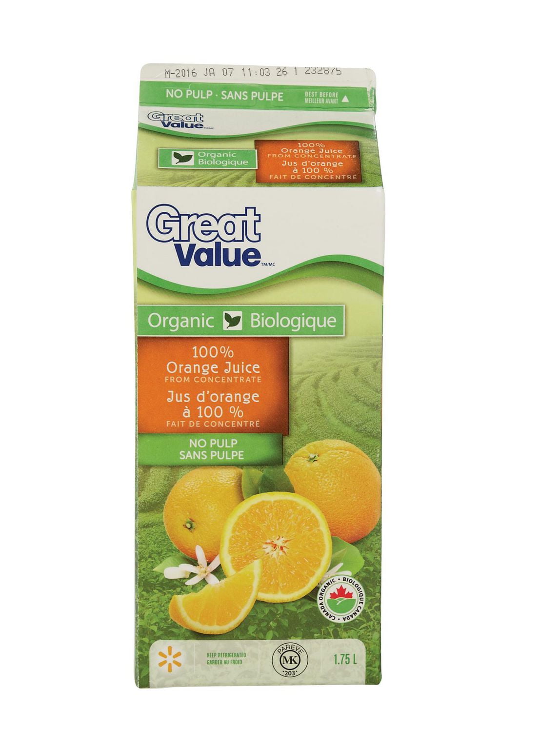 Great Value Organic 100% Orange Juice From Concentrate - No Pulp ...