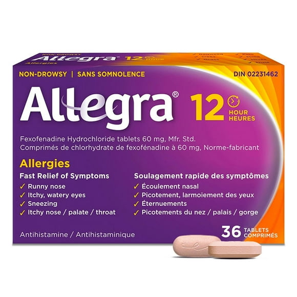 Allegra 12 Hour Allergy Medication, Non-Drowsy, Fast, Multi-Symptom Allergy Relief Medicine for Sneezing, Runny Nose, Itchy/Watery Eyes, Throat or Palate, Fexofenadine Hydrochloride 60 mg, 36 Tablets, 36 Tablets