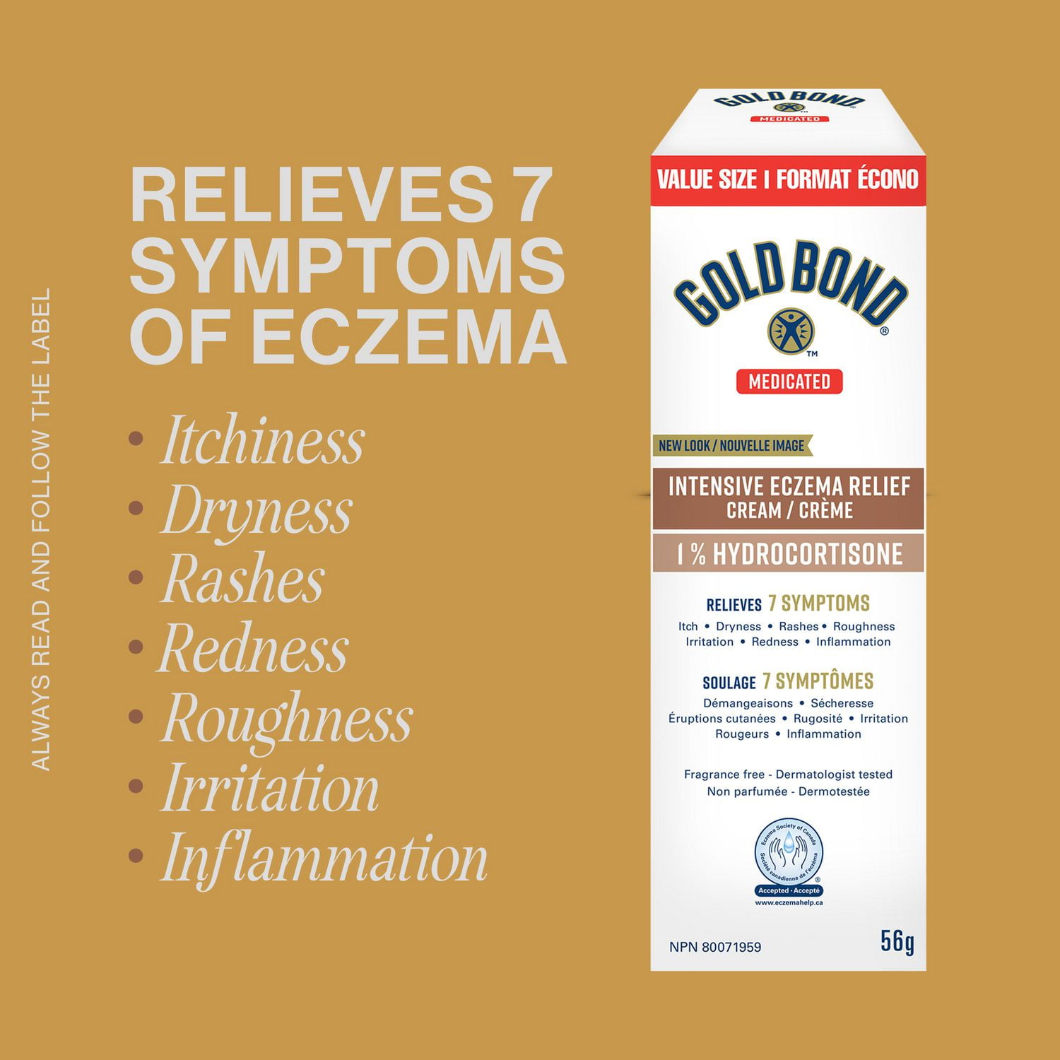 Gold Bond Eczema Relief Crème Médicamentée 1% Hydrocortisone, 56g, traitement médicamenteux de l'eczéma avec 5 hydratants pour soulager les démangeaisons, les éruptions cutanées, les rougeurs, la rugosité, les irritations et l'inflammation 56 g