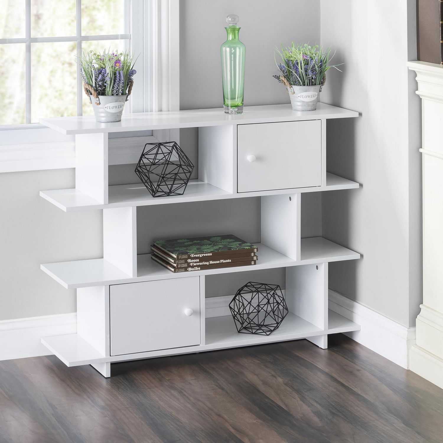 3 Tier Wood Book Shelf With 2 Cabinet Doors White Walmart Canada