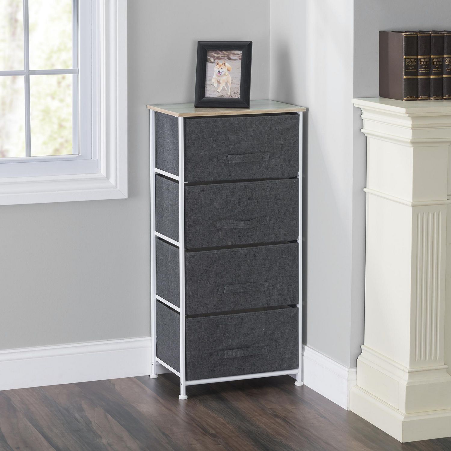 4 Drawer Fabric Dresser Rolling Storage Cart With Wood Top Grey