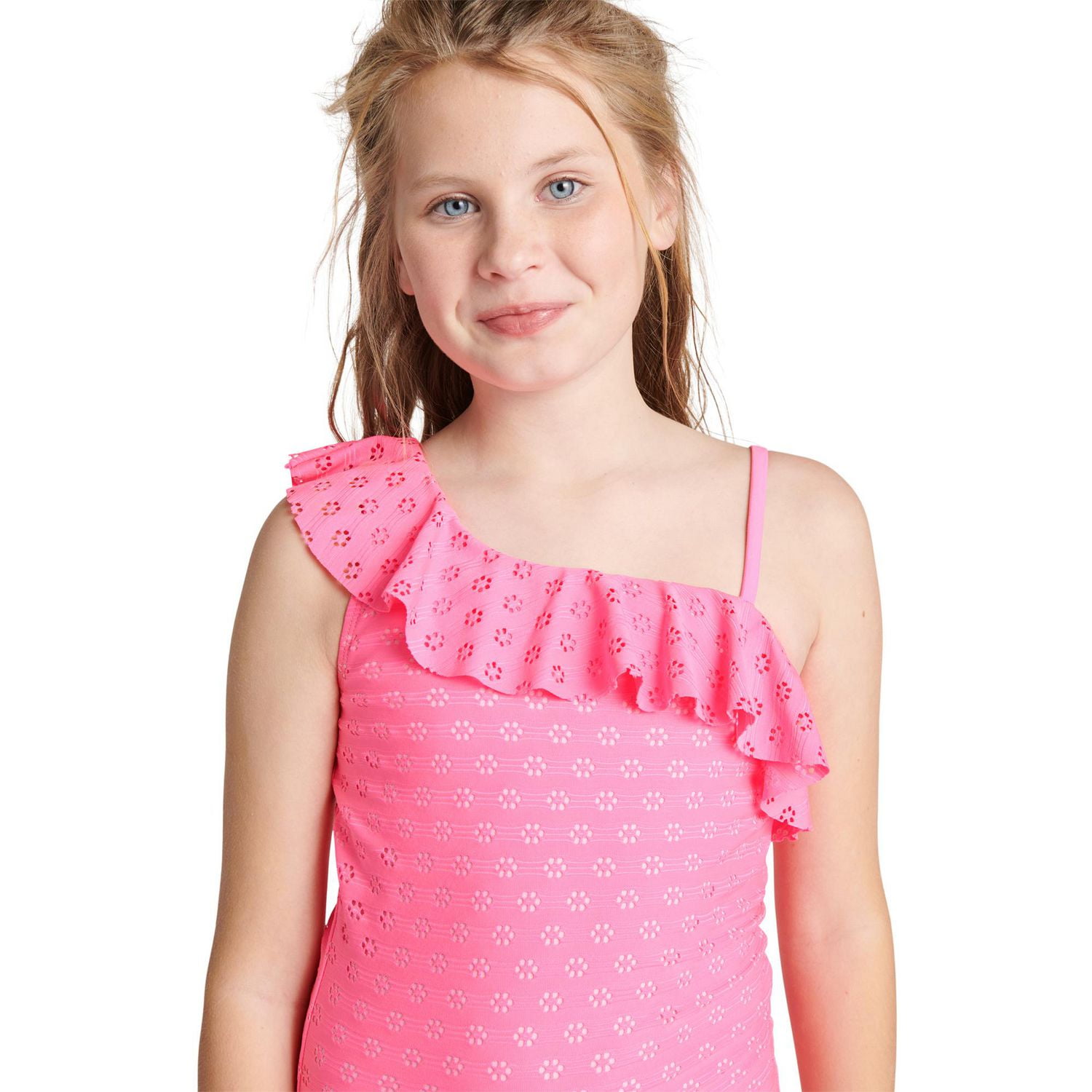 Justice Girls' Crochet Asymmetric Ruffle Swimsuit 1-Piece