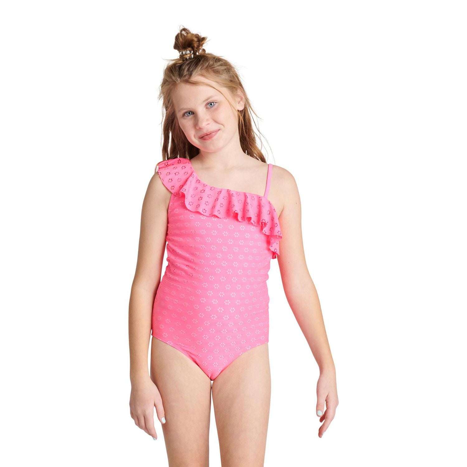 Justice Girls' Crochet Asymmetric Ruffle Swimsuit 1-Piece