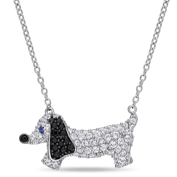 Collier en forme de chien Miabella avec saphirs bleu/blancs synthétiques et spinelles noirs 1-1/2 CT PBT, en argent sterling, 17 po