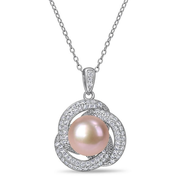 Miabella Pink Freshwater Cultured Pearl and 4/5 Carat T.G.W. Cubic Zirconia Sterling Silver Interlaced Pendant, 18"