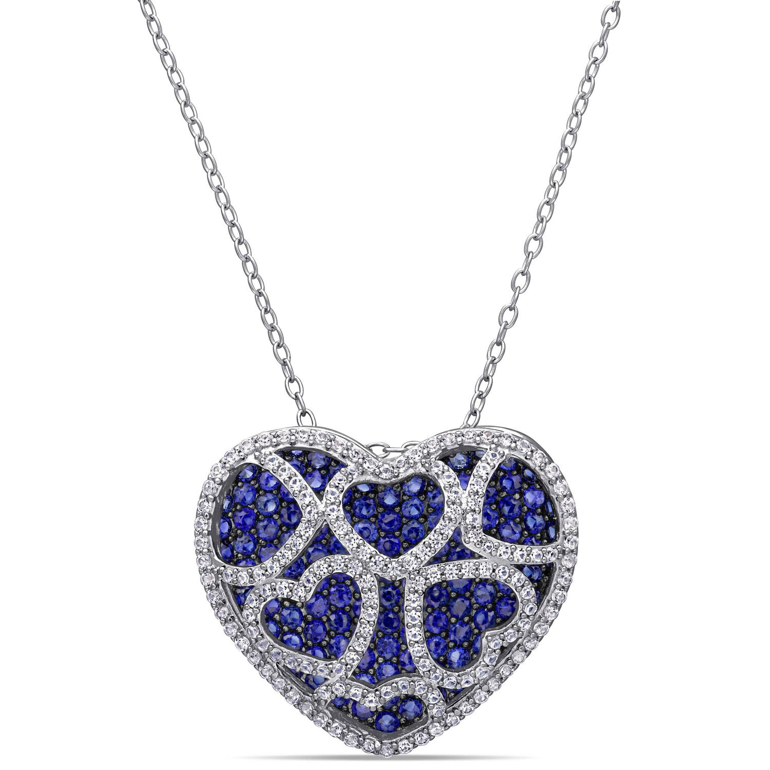 Pendentif de forme cœur Miabella avec saphirs bleus et blancs synthétiques 4 CT PBT en argent sterling, 18 po