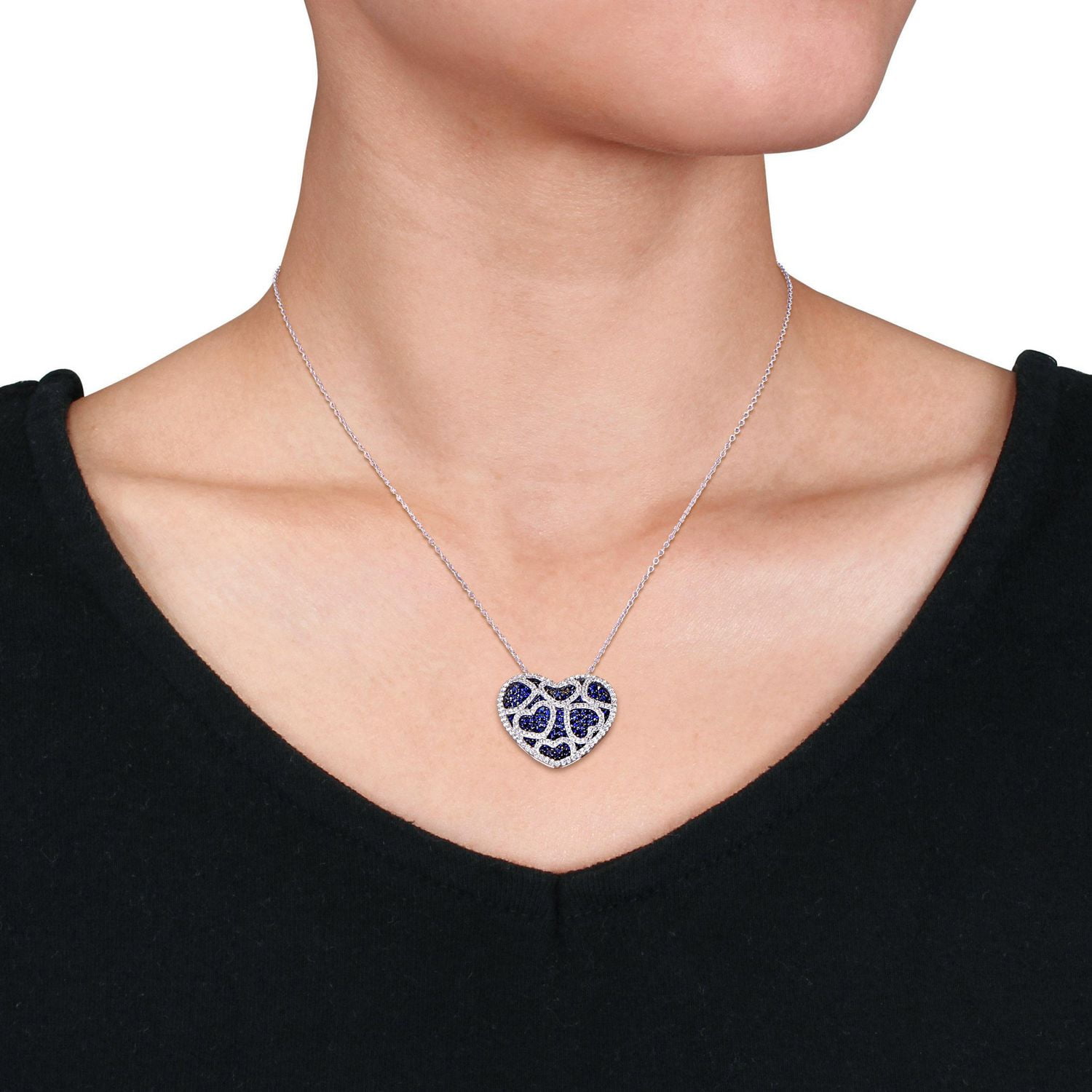 Pendentif de forme cœur Miabella avec saphirs bleus et blancs synthétiques 4 CT PBT en argent sterling, 18 po