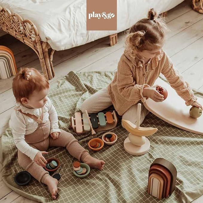 Play & Go - Timeless Green Grid Pattern - 3-in-1 Play Mat - Storage Bag & Diaper Bag - Made from Organic Cotton - 140 cm Diameter - Suitable for Newborn to Toddler - Easy to Carry Everywhere