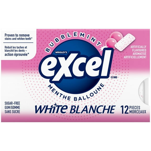 EXCEL White Bubblemint, Teeth Whitening Sugar Free Chewing Gum, 12 Pieces, 1Pack