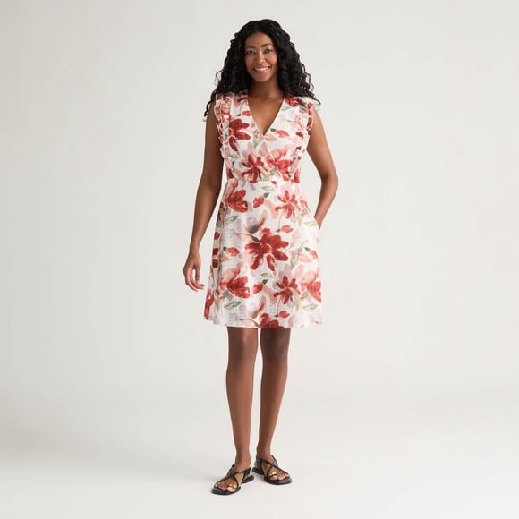Mexx Women’s Printed Knit Eyelet Romper with Ruffle Trims
