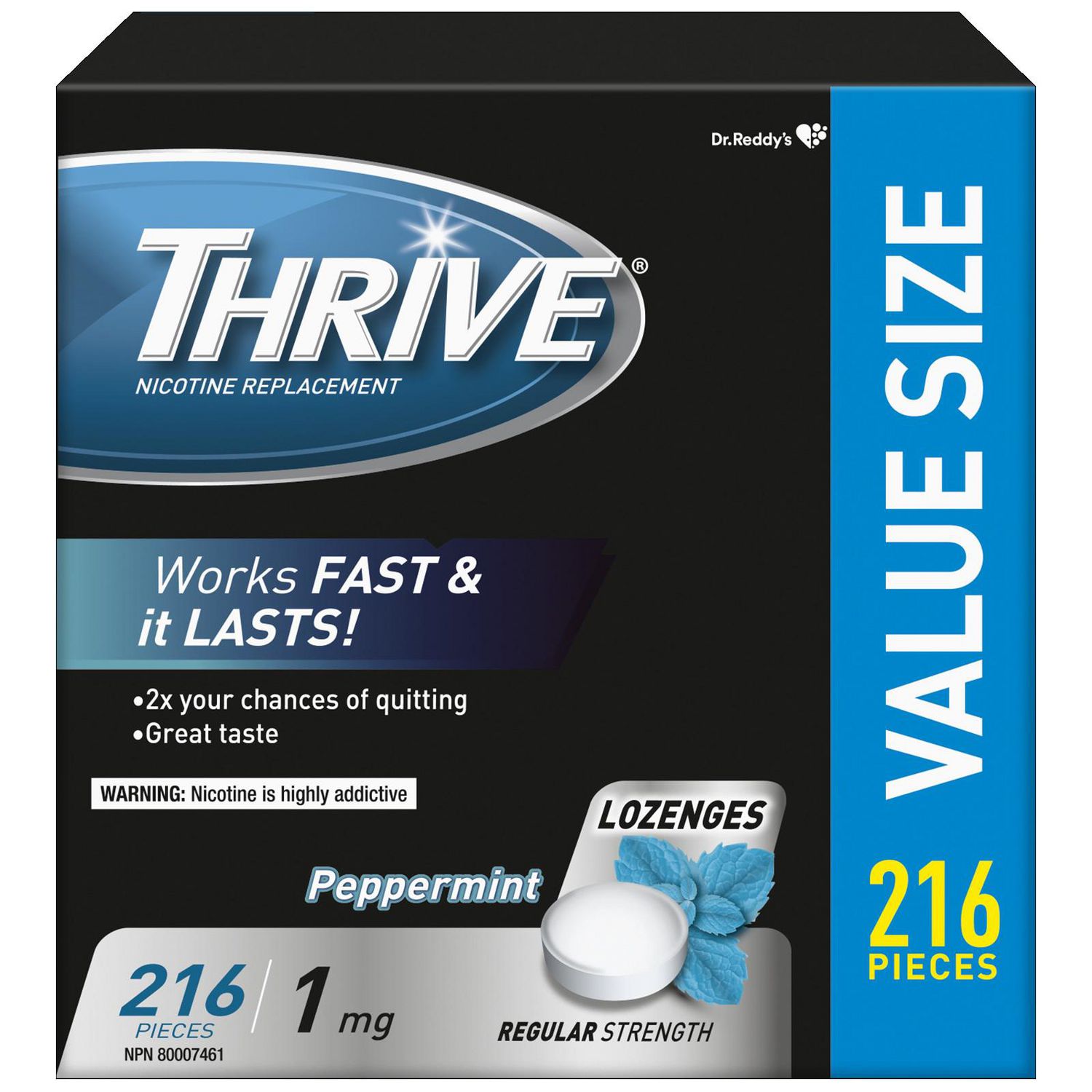 Thrive Nicotine Lozenges 1mg, Regular Strength Peppermint Chill 216-piece value pack showing Thrive brand and flavor label, 1 mg dosage, 'Adults 18+' advisory and nicotine replacement wording to aid quitting smoking.