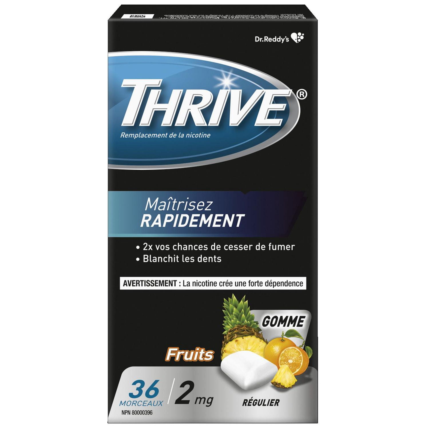 Thrive Nicotine Replacement Gum, 2mg Regular Strength, Fruit, 36 Count.