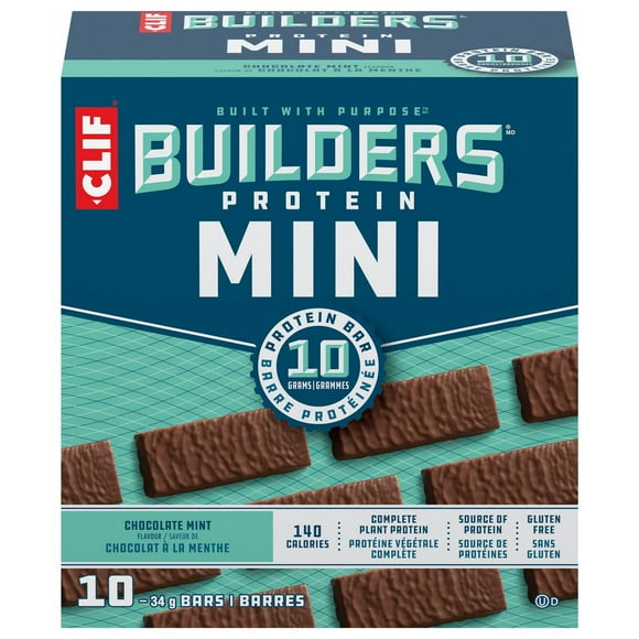 CLIF BUILDERS mini barres protéinées, saveur de chocolat à la menthe, 10 g de protéines par barre, préparé au canada, sans édulcorants artificiels