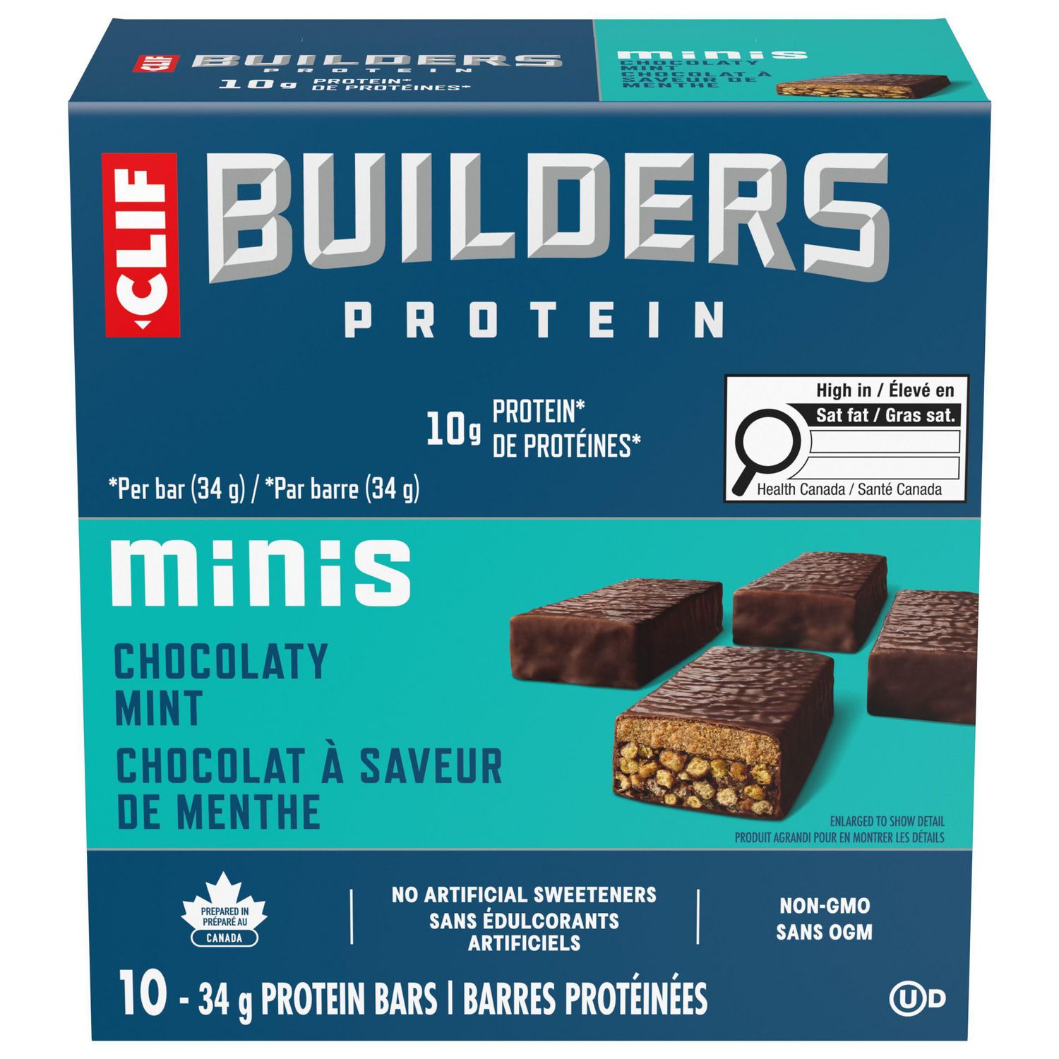 CLIF BUILDERS Mini Protein Bars, Chocolate Mint Flavour, 10g of Protein, Prepared in Canada, Gluten Free, No Artificial Sweeteners, (Pack of 10)