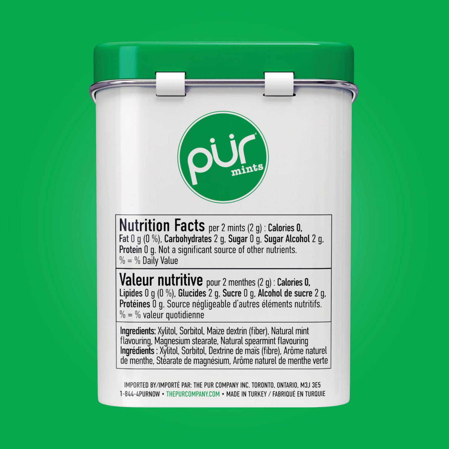 PUR Menthes, Sans Aspartame, Édulcorée au Xylitol, Saveur Naturel de Menthe Verte 30 Pièces, Paquet de 1