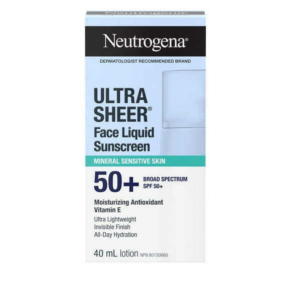 Neutrogena Ultra Sheer Face Liquid Mineral Sunscreen, Lightweight, Broad Spectrum SPF 50+ Facial Sunscreen for Sensitive Skin Leaves a Silky, Non-Greasy Finish, Oxybenzone-Free, 40 mL