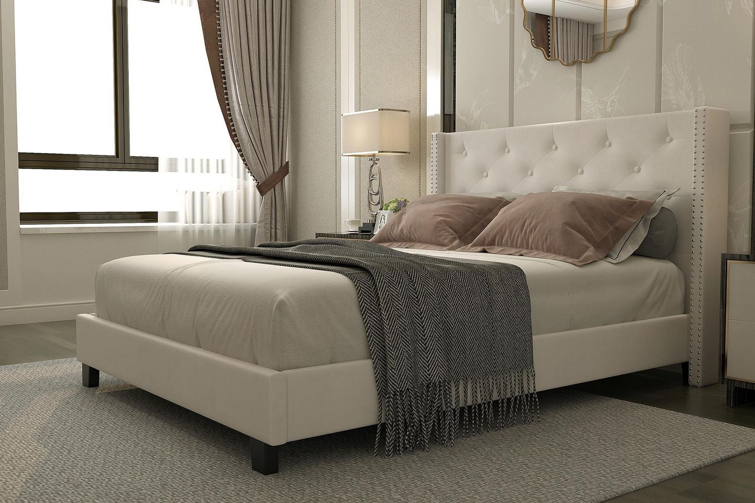 Queen Platform Bed with Nailhead Detail Ivory Walmart Canada
