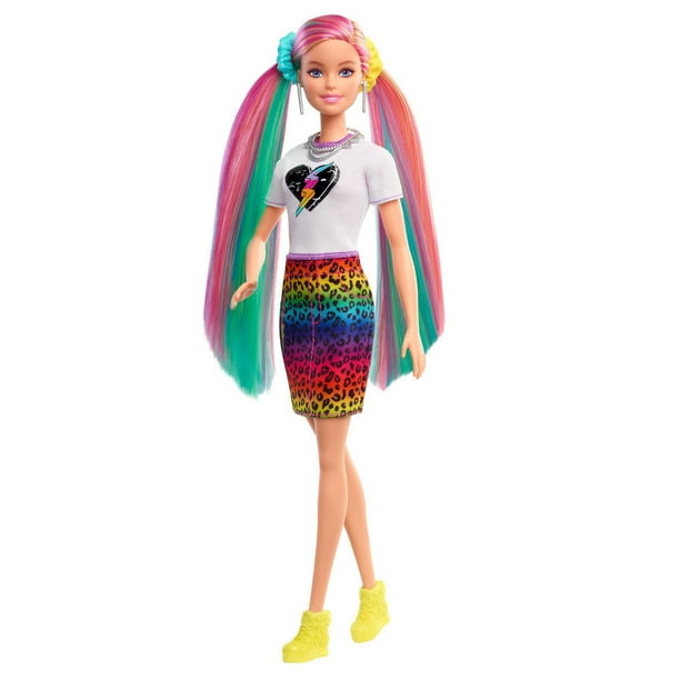 Poupée Barbie Chevelure Arc-en-ciel Léopard (Blonde) avec Cheveux qui  Changent de Couleur 
