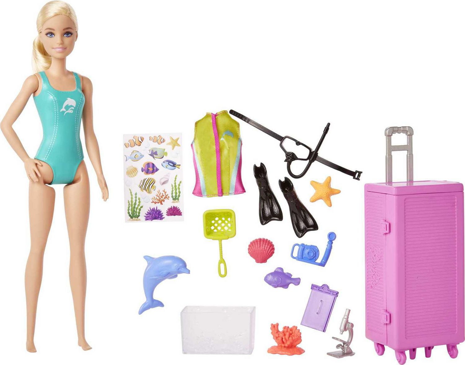 Barbie Dolls Accessories Marine Biologist Doll Blonde Mobile Lab Playset with 10 Pieces Case Opens for Storage Travel Walmart