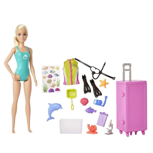 Barbie Travel Doll, Blonde, with Puppy, Opening Suitcase, Stickers and 10+  Accessories, for 3 to 7 Year Olds