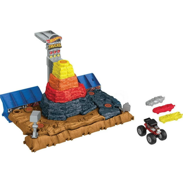 Hot Wheels Monster Truck T-Rex Volcano Arena Track Playset with Lights &  Sounds