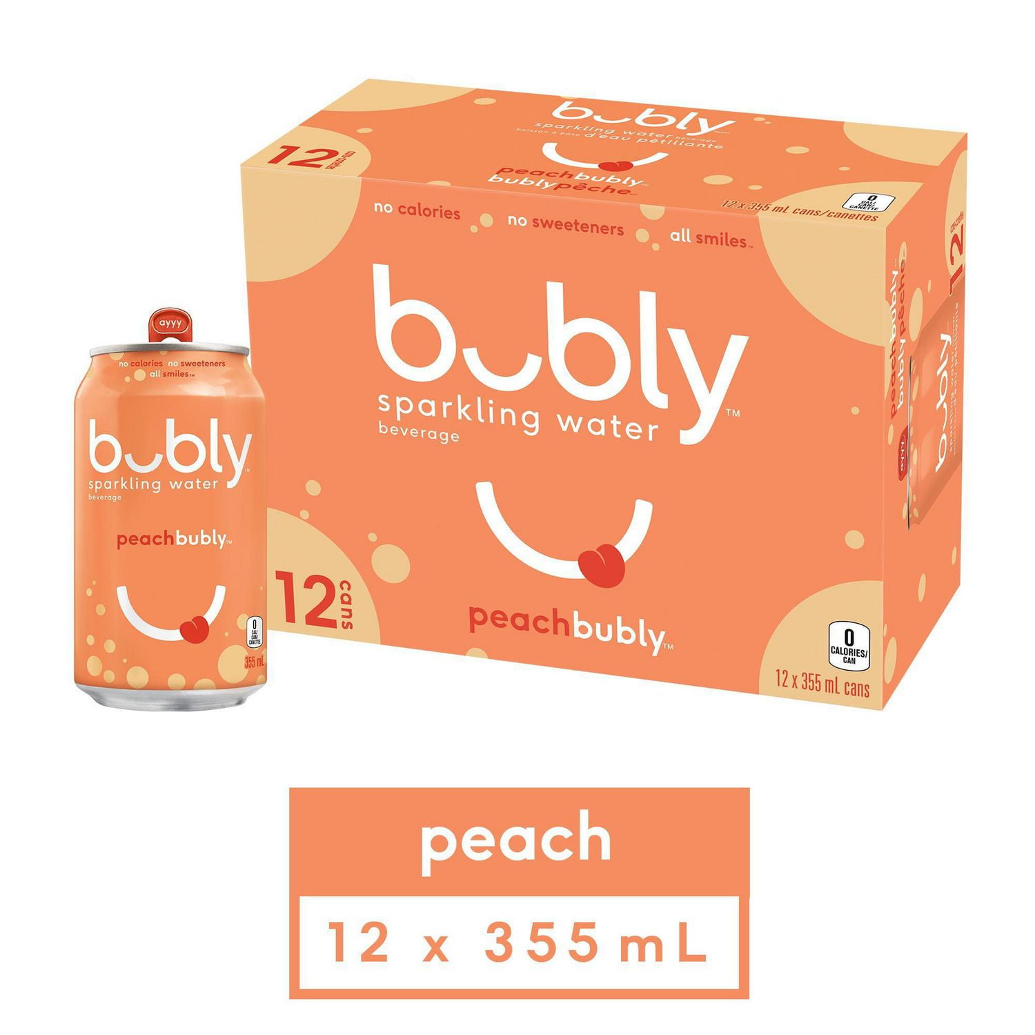 bubly peach sparkling water beverage, 355 mL Cans, 12 Pack Walmart Canada