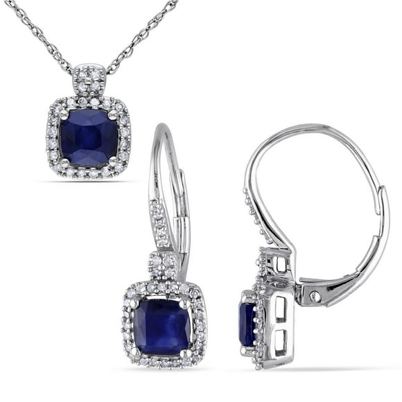 Parure à 2 bijoux Miabella à auréole composée de collier et boucles d’oreilles avec saphir diffusé et 1/3 ct poids total de diamants en or blanc 10ct