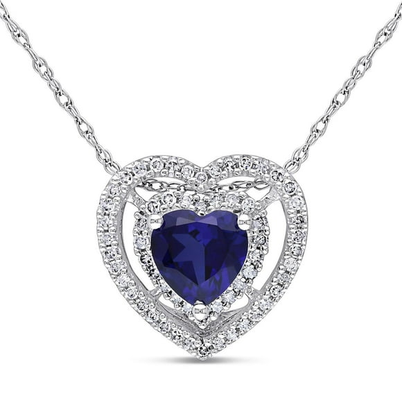 Miabella 7/8 Carat T.G.W. Created Blue Sapphire and 1/5 Carat T.W. Diamond 10K White Gold Double Halo Heart Pendant, 17"