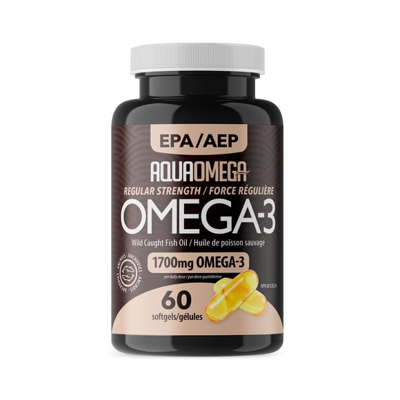 AquaOmega Suppléments Oméga 3 de force régulière, huile de poisson Oméga-3 avec supplément EPA et DHA, capsules d'huile de poisson Oméga 3 sous forme de triglycérides, suppléments d'Oméga-3 de poisson, 120 Capsule molle