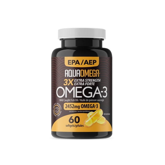 AquaOmega 3X Extra Strength High EPA Fish Oil Omega 3, Wild Caught Triple Strength Omega 3 Fish Oil Capsules with EPA, DHA and Vitamin D, Omega 3 Supplements Made in Canada, 60 Softgels