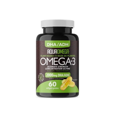 AquaOmega Ultimate Strength Plant Based Omega 3 Supplements, Vegetarian Omega 3 Supplements, High DHA Supplement from Algae Oil, Vegan Omega 3 Supplement Made in Canada, 60 Softgels