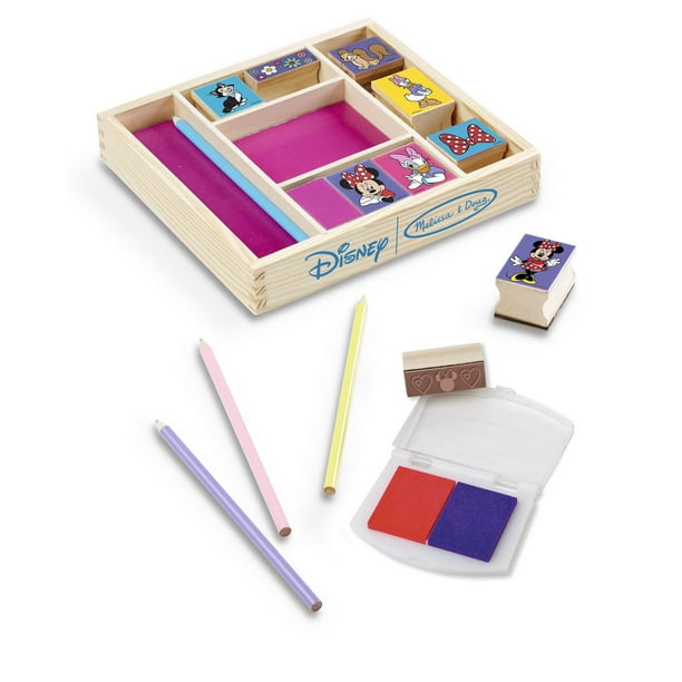 Melissa & Doug Disney Minnie Mouse - Ensemble de timbres en bois: 9 timbres, 5 crayons de couleur et un tampon encreur bicolore