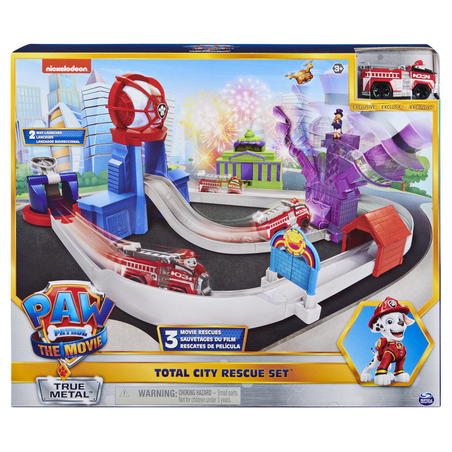 PAW Patrol, Total City Rescue Set True Metal du film avec véhicule exclusif  de Marcus, échelle 1:55, jouets pour enfants à partir de 3 ans 