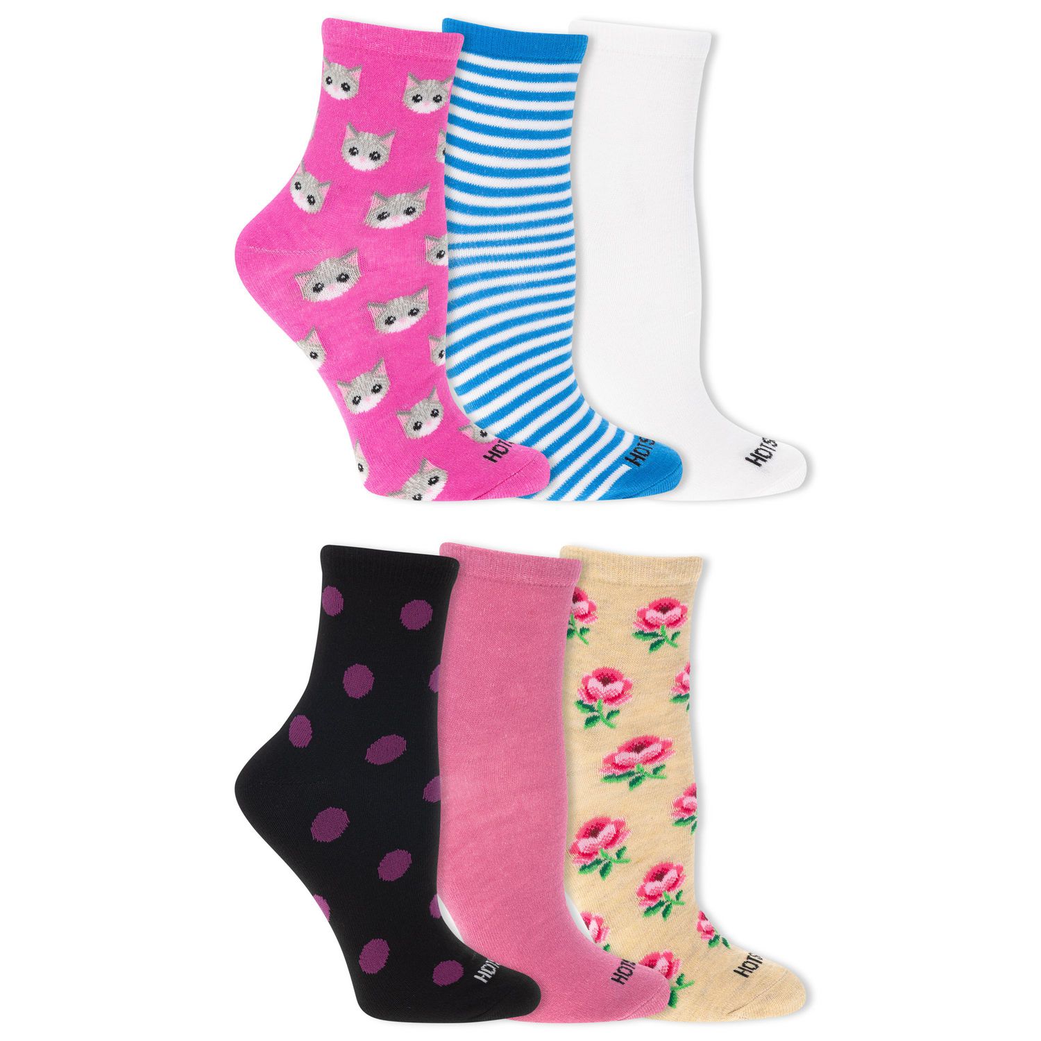 HOTSOX Women's 6 Pair Fashion Mid Crew Socks Size 4-10